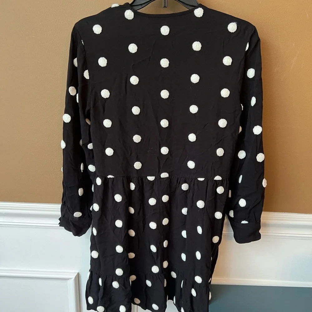 Zara Black Polka Dot Mini V-neck Long Sleeve Dress Size M Trendy Minimalist - Picture 4 of 6